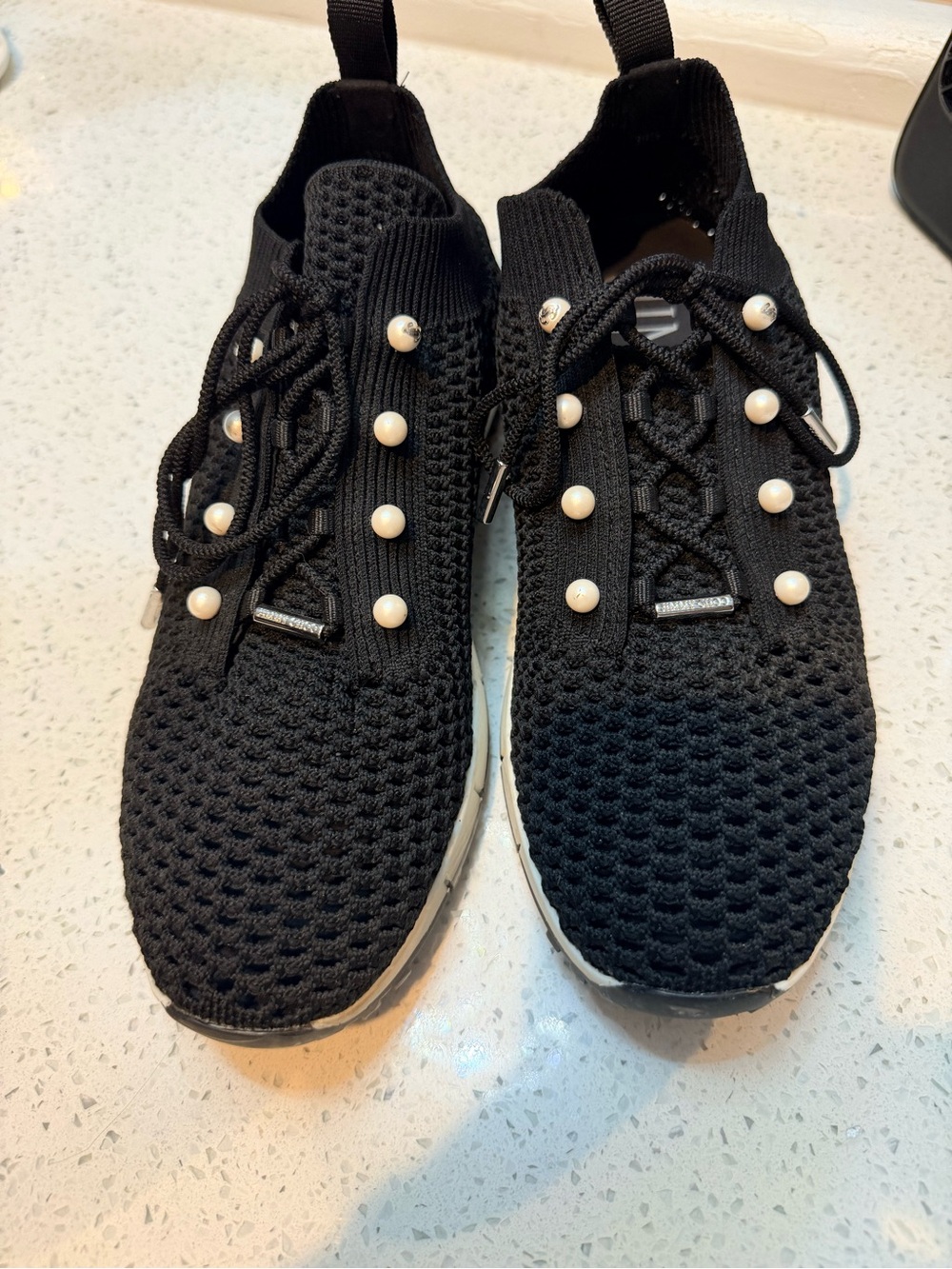Jimmy Choo Black Knit Sneakers with Pearl Studs 39 1/2